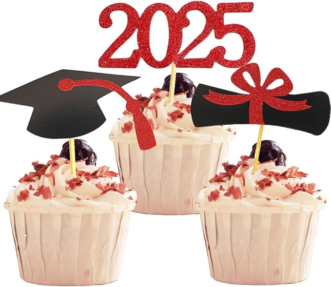 2025 Glittery Graduation Cupcake Toppers (72 Pieces) - Class of 2025 Graduation Cap Diploma Cupcake Toppers - Navy Blue