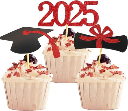 2025 Glittery Graduation Cupcake Toppers (72 Pieces) - Class of 2025 Graduation Cap Diploma Cupcake Toppers - Navy Blue