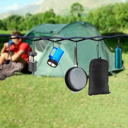 Campsite Storage Strap with 19 Separated Loops for Hanging Camping Equipment, Gear and Supplies | Includes Carabiner Hooks and Clothes Pins | Durable Campground Organizer Holds up to 150 LBS