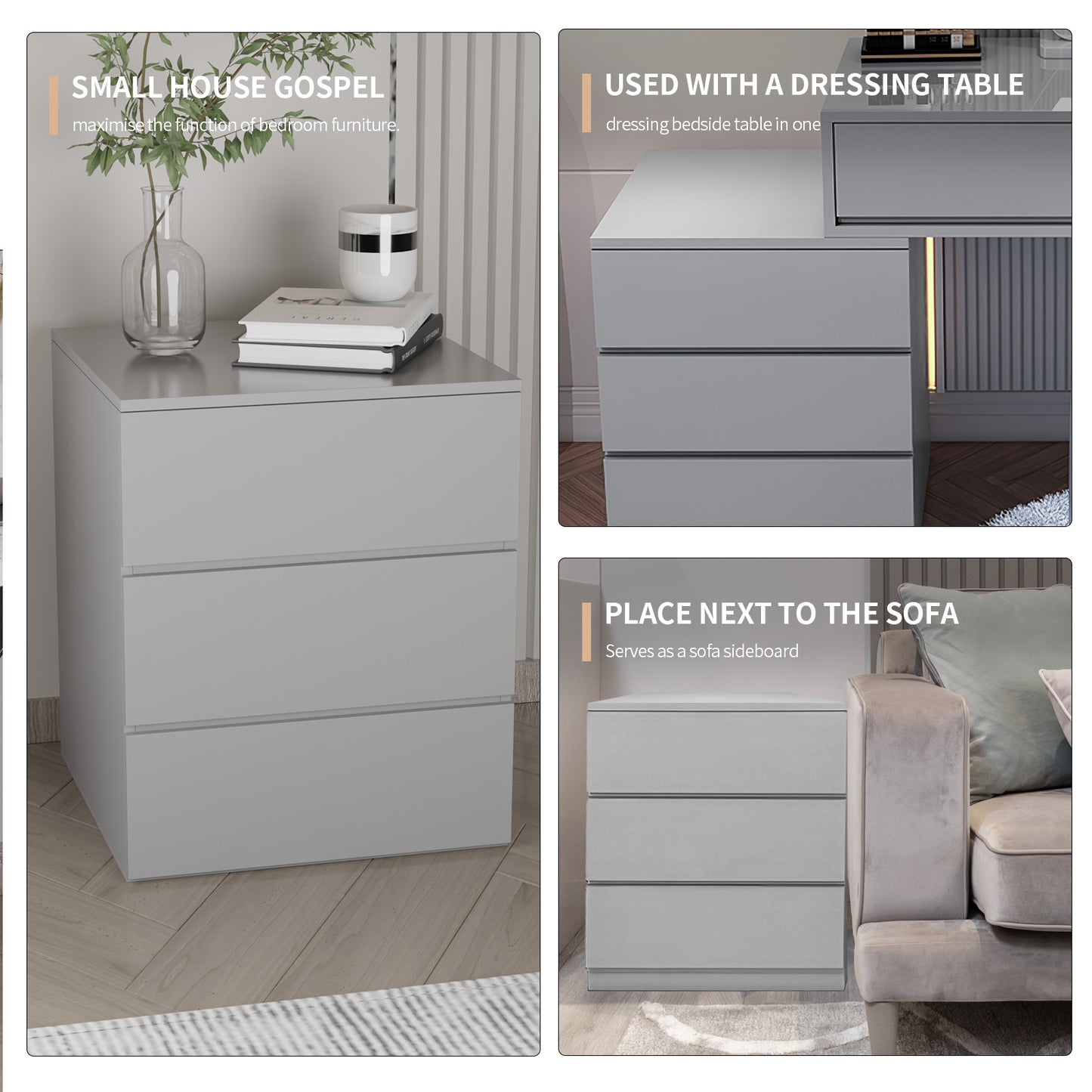 Press Type Nightstand with three drawers(Gray)