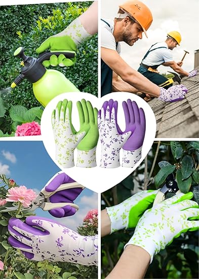 6PCS Women's Gardening Gloves- Breathable Latex Gardening Gloves，Outdoor Protective Work Glove，Gardening Gifts，Three green and three purple