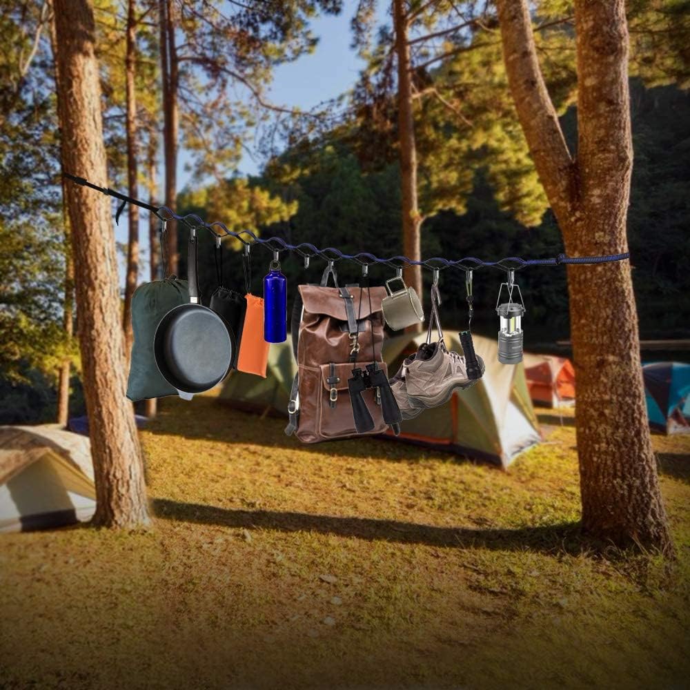 Campsite Storage Strap with 19 Separated Loops for Hanging Camping Equipment, Gear and Supplies | Includes Carabiner Hooks and Clothes Pins | Durable Campground Organizer Holds up to 150 LBS