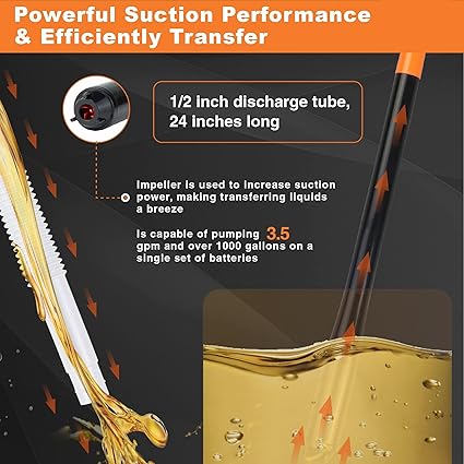 Portable Fuel Transfer Pump Battery Operated Electric Siphon Pump for Gas, Fuel, Diesel, Water Transfer 2.2 GPM Flow Oil Extractor -Easy to Use Hand Fuel Pump, Gas Siphon Pump (Orange)