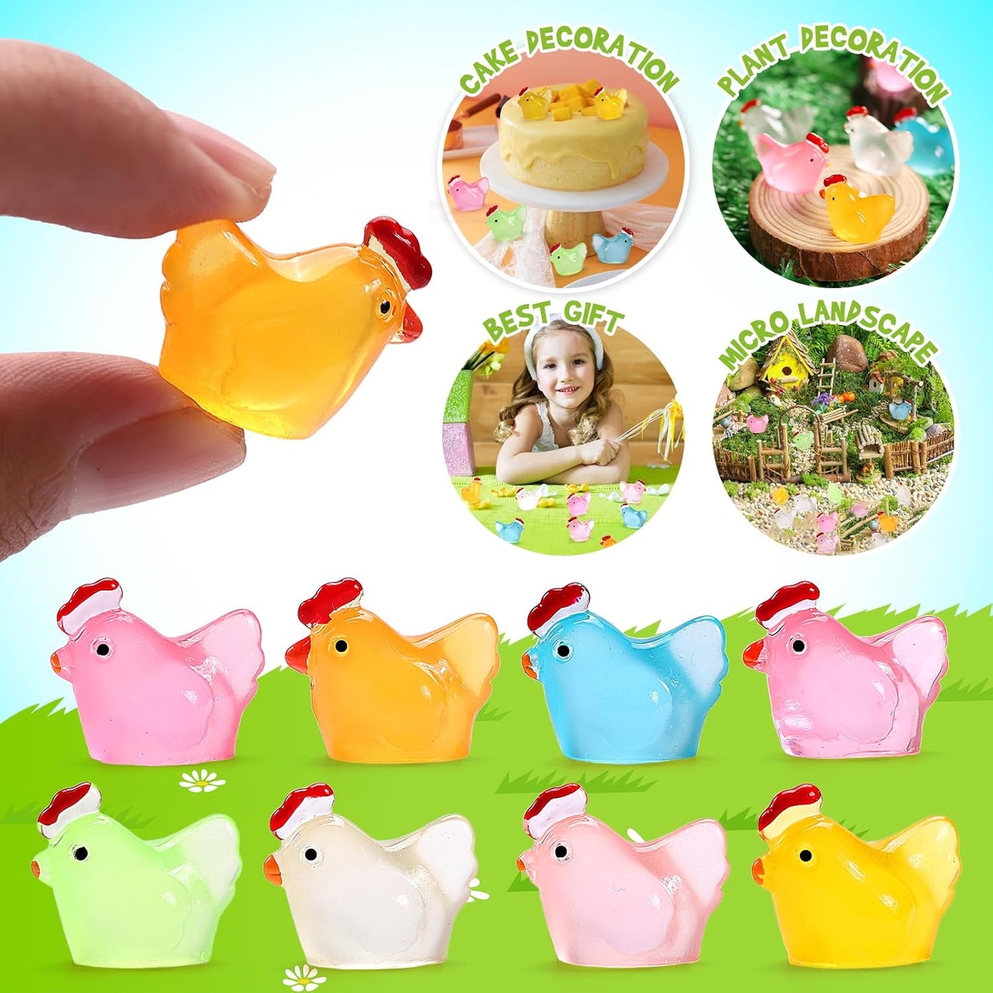 20Pcs Luminous Mini Chicken Resin Miniature Animal Figures Glow in Dark Perfect for DIY Projects Garden Dollhouse Aquarium Decor Glows at Night