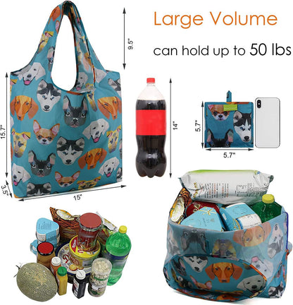 Shopping Bags Cloth Grocery Bags Foldable Travel Bag Tote Bags Bulk - Reusable Gift Bags with Handles (6 Pack) - Heavy Duty Large Washable Animal Holiday Design for Women Travel & Groceries