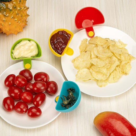 Dip Clip for Bowls Plates 4PCS Plastic Dip Clip Bowl Plate Holder Chip and Dip Serving Set Sauce Holder for Spice Tomato Sauce Salt Veggie Vinegar Ketchup Chips (4 Colors)