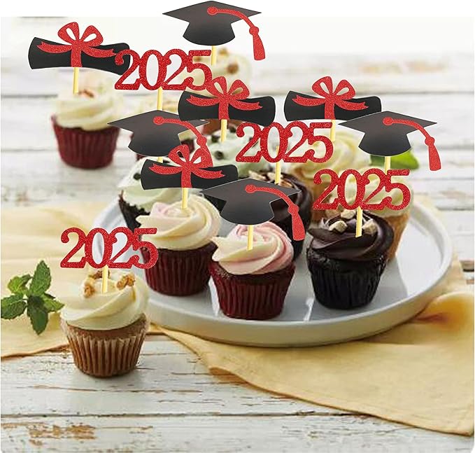 2025 Glittery Graduation Cupcake Toppers (72 Pieces) - Class of 2025 Graduation Cap Diploma Cupcake Toppers - Navy Blue