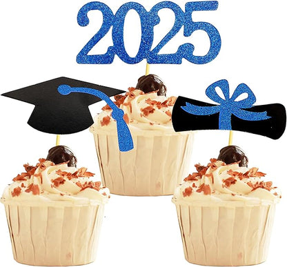 2025 Glittery Graduation Cupcake Toppers (72 Pieces) - Class of 2025 Graduation Cap Diploma Cupcake Toppers - Navy Blue