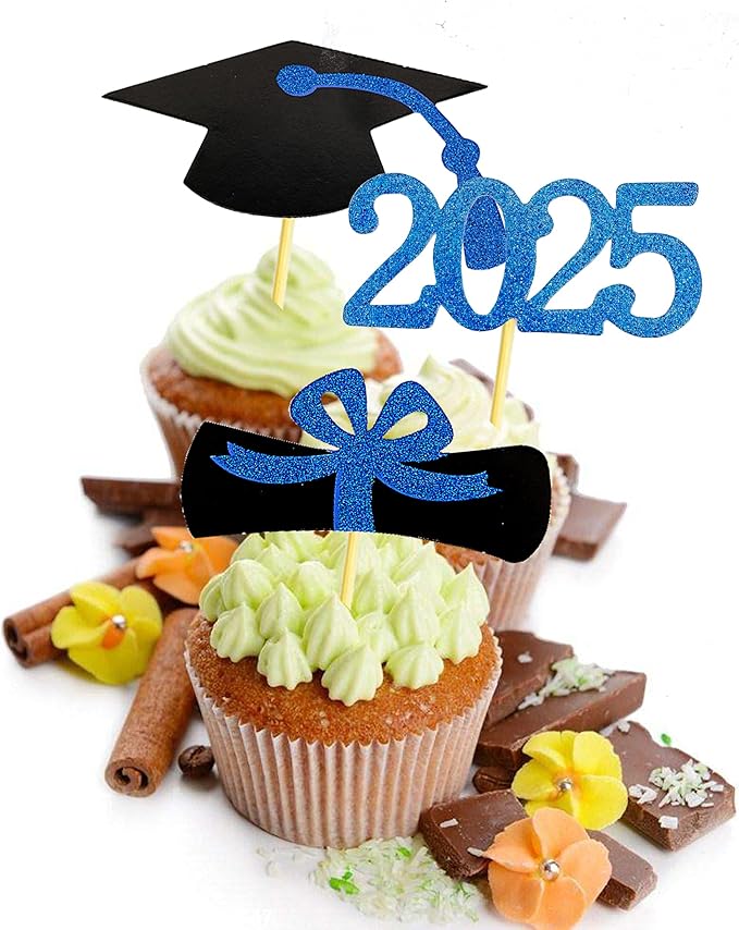 2025 Glittery Graduation Cupcake Toppers (72 Pieces) - Class of 2025 Graduation Cap Diploma Cupcake Toppers - Navy Blue