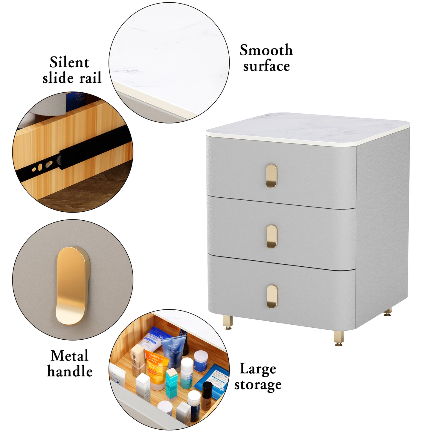 Modern Wood Nightstand,Home  Bedside Tables Dresser with 3 Drawers,Wood Storage Chest of Drawers(Gray)