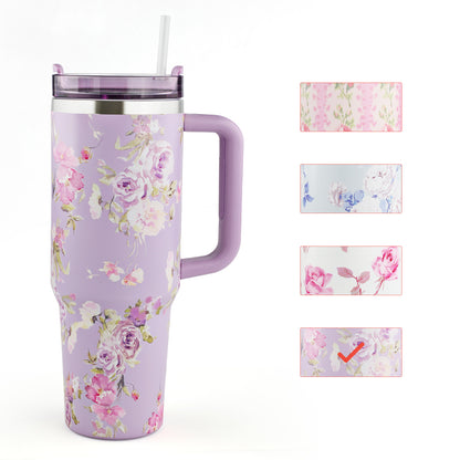 40 oz Flower Tumbler with Handle and Straw,Stainless Steel Insluated Cups Reusable Vacuum Travel Coffee Mug