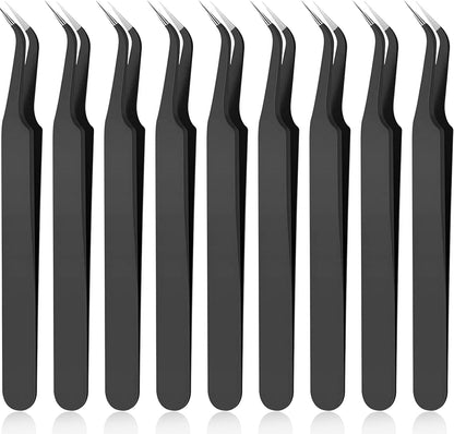 9 Pieces Curved Pointed Craft Tweezers Stainless Steel Precision Tweezer with Protective Cover for Rhinestones Dried Flowers Craft Stickers Eyelash Extension Jewelry Making(Black)
