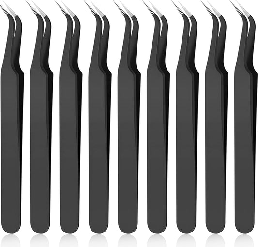 9 Pieces Curved Pointed Craft Tweezers Stainless Steel Precision Tweezer with Protective Cover for Rhinestones Dried Flowers Craft Stickers Eyelash Extension Jewelry Making(Black)