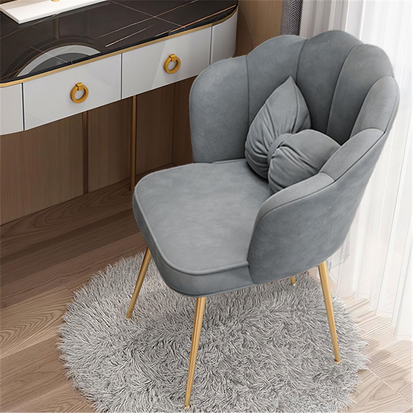 Makeup Vanity Chair,Petal Vanity Chair Leisure Accent Chair with Golden Metal Legs, Vanity Chair for Bedroom Dresser(Grey Gold Chair)