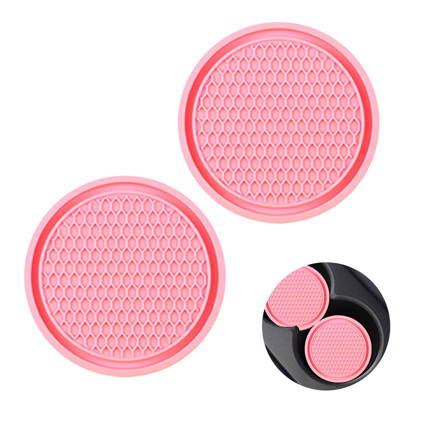 2 PCS Car Cup Holder Coaster, 2.75In PVC Anti Slip Cup Holder Insert Coaster, Honeycomb Waterproof Fixed Tea Coaster, Universal for Vehicle Interior Cup Mats (Pink)