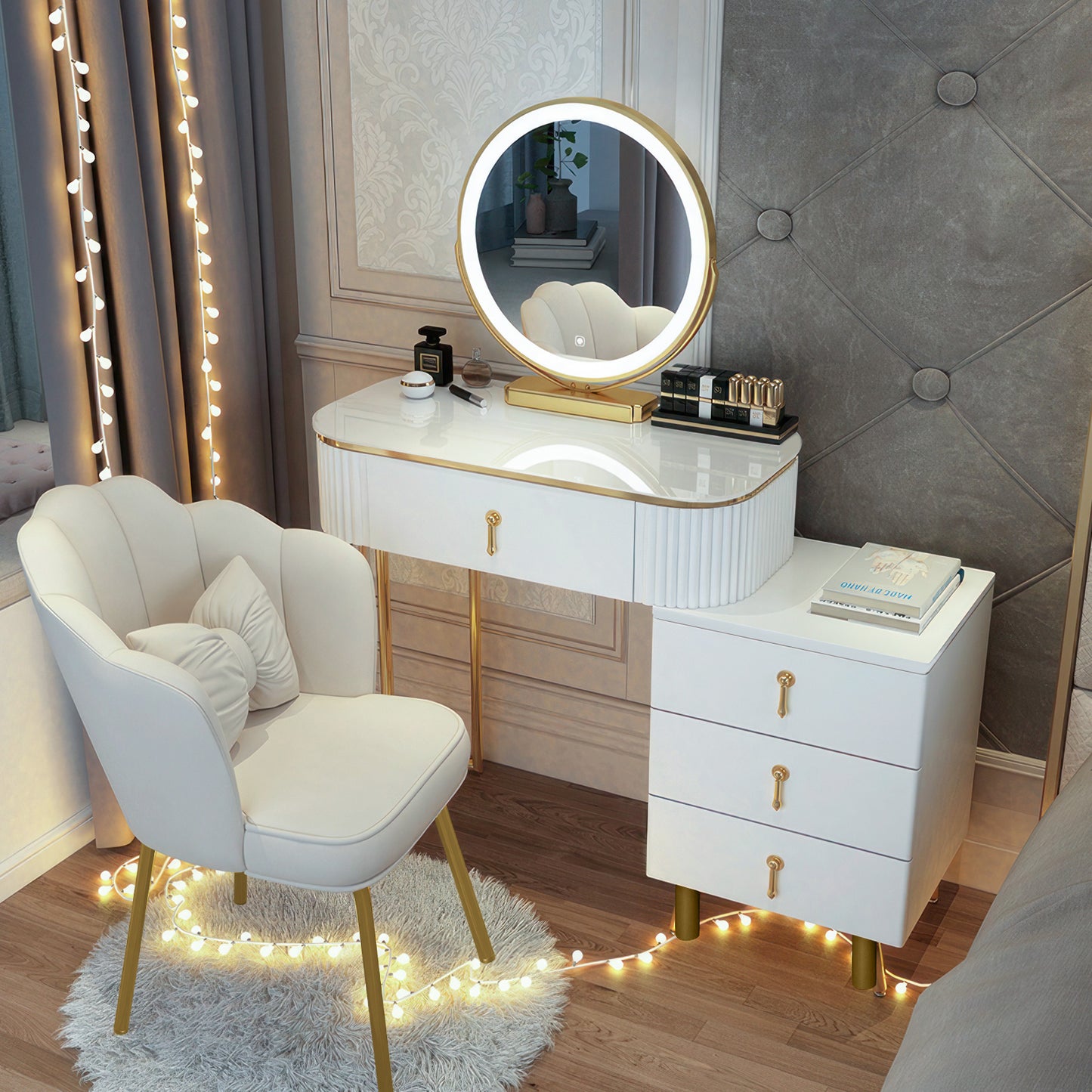White Makeup Vanity Desk with Smart Adjustable 3-Color Lighted Mirror,5 Solid Wood Drawers&Petal Chair, Modern Dressing Table Suitable for Bedroom, for Girls Women Gifts