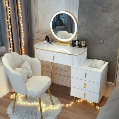 White Makeup Vanity Desk with Smart Adjustable 3-Color Lighted Mirror,5 Solid Wood Drawers&Petal Chair, Modern Dressing Table Suitable for Bedroom, for Girls Women Gifts