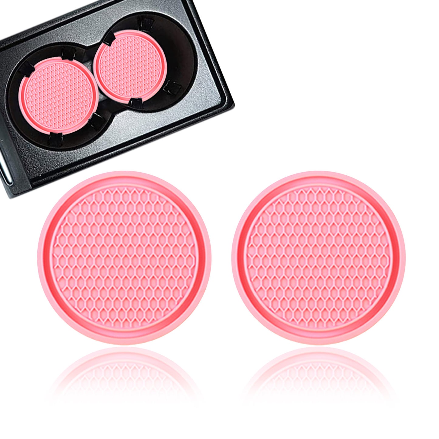 2 PCS Car Cup Holder Coaster, 2.75In PVC Anti Slip Cup Holder Insert Coaster, Honeycomb Waterproof Fixed Tea Coaster, Universal for Vehicle Interior Cup Mats (Pink)