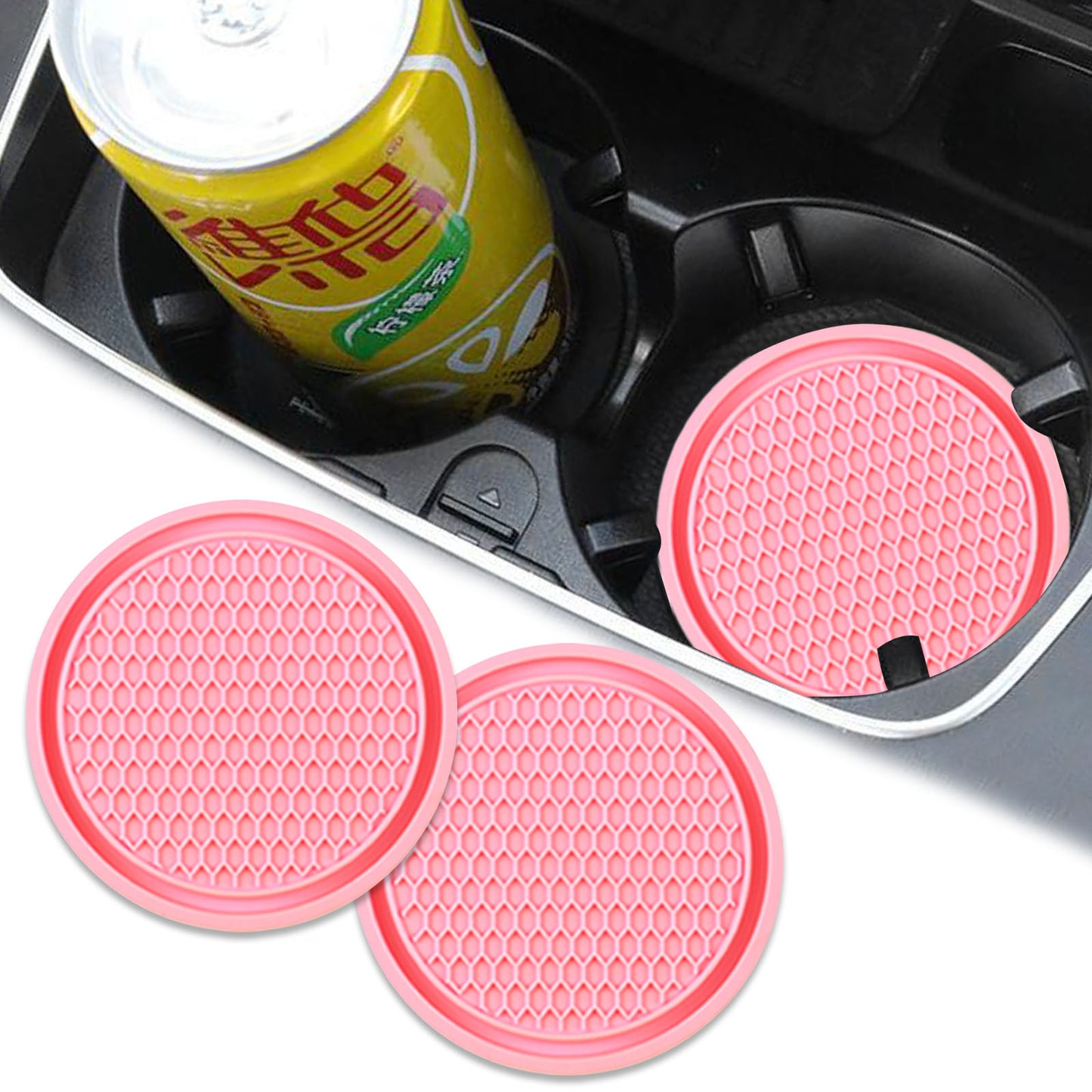 2 PCS Car Cup Holder Coaster, 2.75In PVC Anti Slip Cup Holder Insert Coaster, Honeycomb Waterproof Fixed Tea Coaster, Universal for Vehicle Interior Cup Mats (Pink)