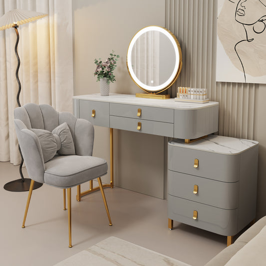 Makeup Vanity Desk with Lighted Mirror and Drawers,Vanity Table with Storage Cabinet and Vanity Chair,3 Color Light Adjustable Brightness(Gray)