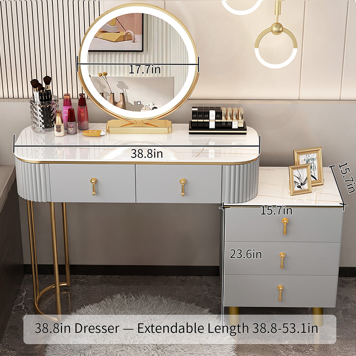 Light gray with gold accents marble top makeup vanity set