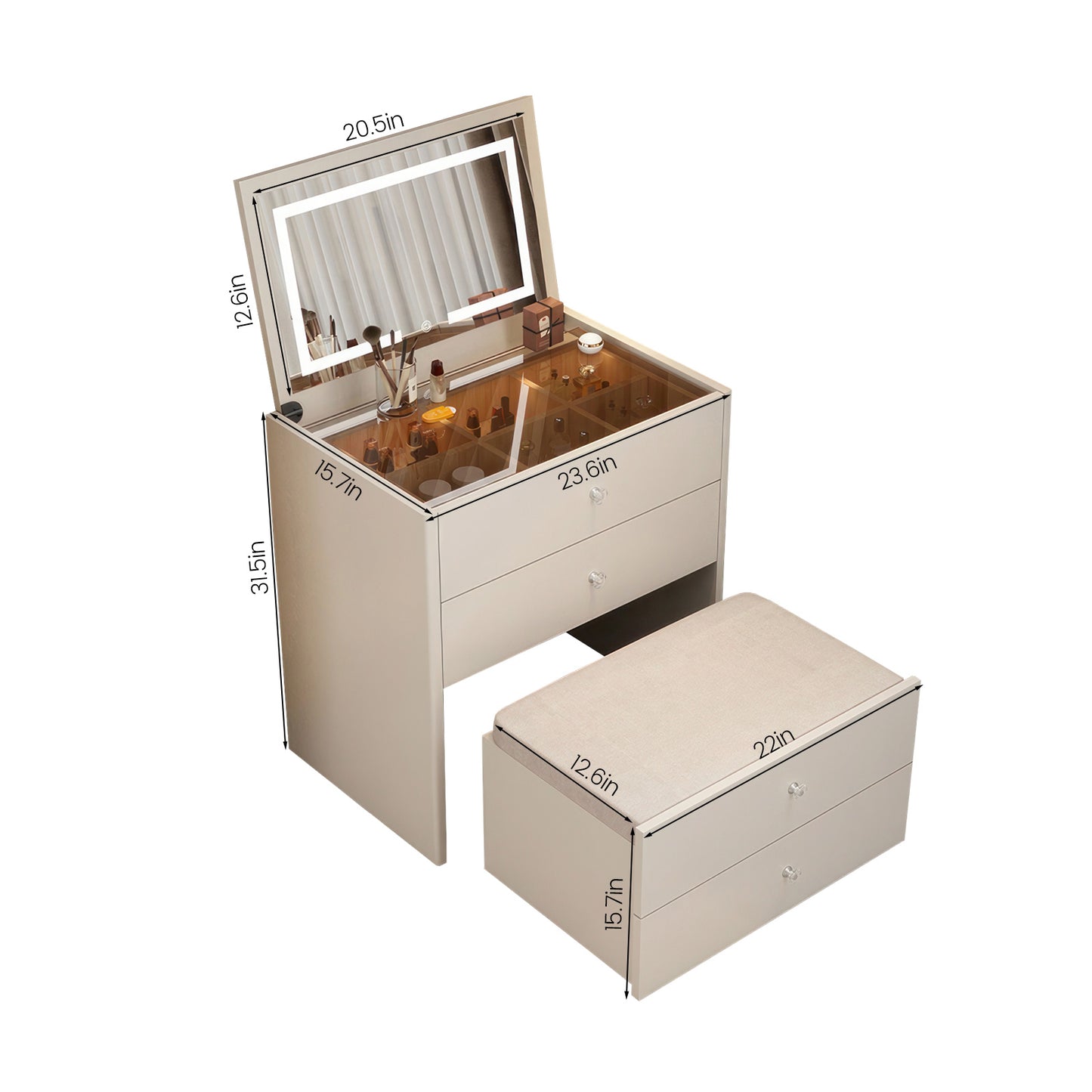 Integrated Small Vanity Desk with Mirror,Flip Top Lighted Mirror Makeup Table,Compact Makeup Vanity with 4 Drawers,Corner Vanity Desk,Soft Makeup Stool,Transparent Top Countertop