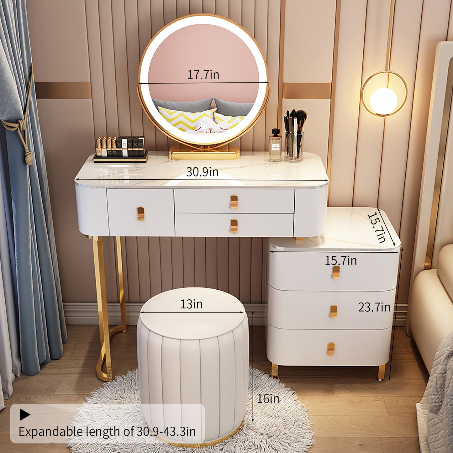 Classic curved upholstered cream-themed makeup vanity with a round stool set