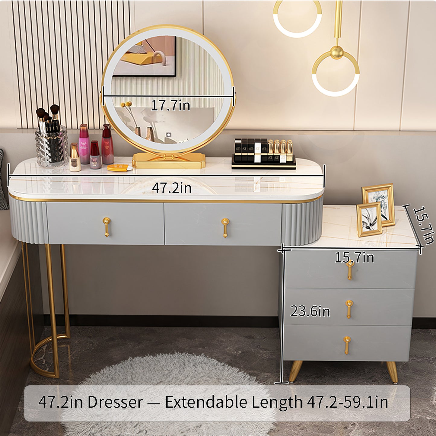 Light gray with gold accents marble top makeup vanity set
