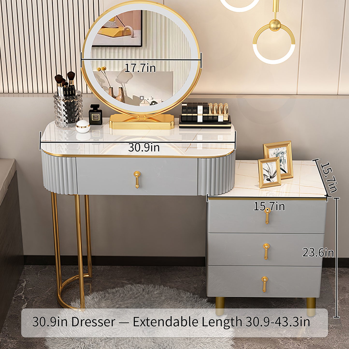 Light gray with gold accents marble top makeup vanity set