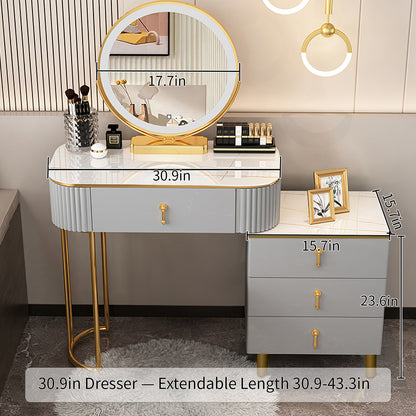Light gray with gold accents marble top makeup vanity set