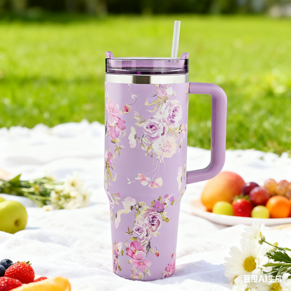 40 oz Flower Tumbler with Handle and Straw,Stainless Steel Insluated Cups Reusable Vacuum Travel Coffee Mug