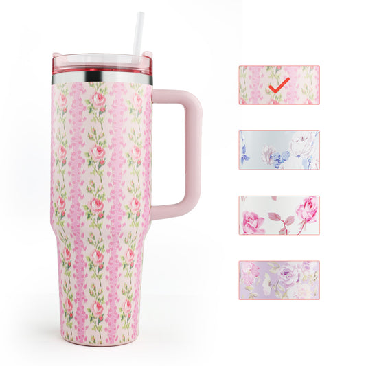40 oz Flower Tumbler with Handle and Straw,Stainless Steel Insluated Cups Reusable Vacuum Travel Coffee Mug