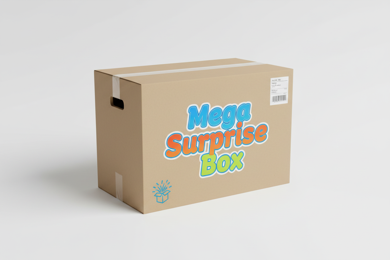 extra large e-commerce mystery box with"Mega Surprise Box" on it.